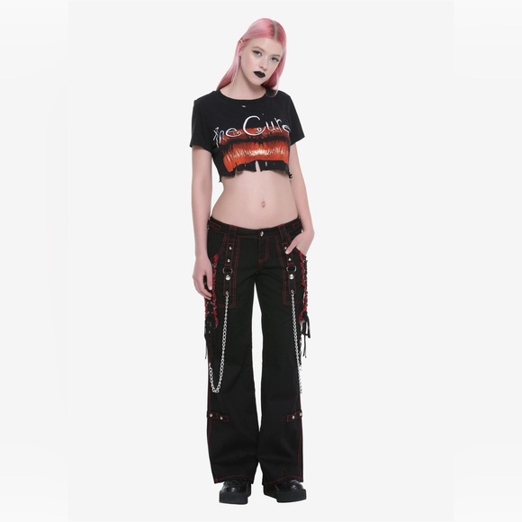 Tripp NYC Black And Red Plaid Lace-Up Chain Pants Gothic Chain Wide Leg Jeans - Picture 2 of 16